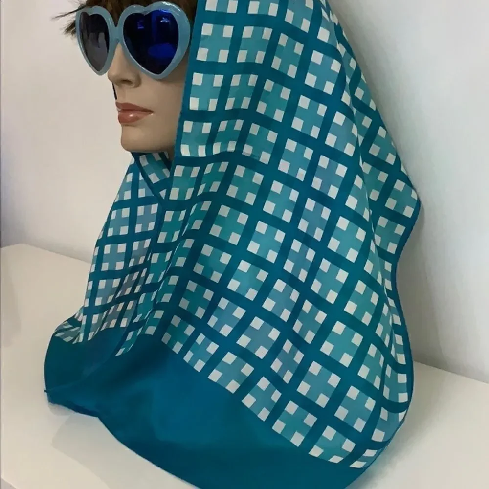 Vintage turquoise acetate plaid Japan made scarf